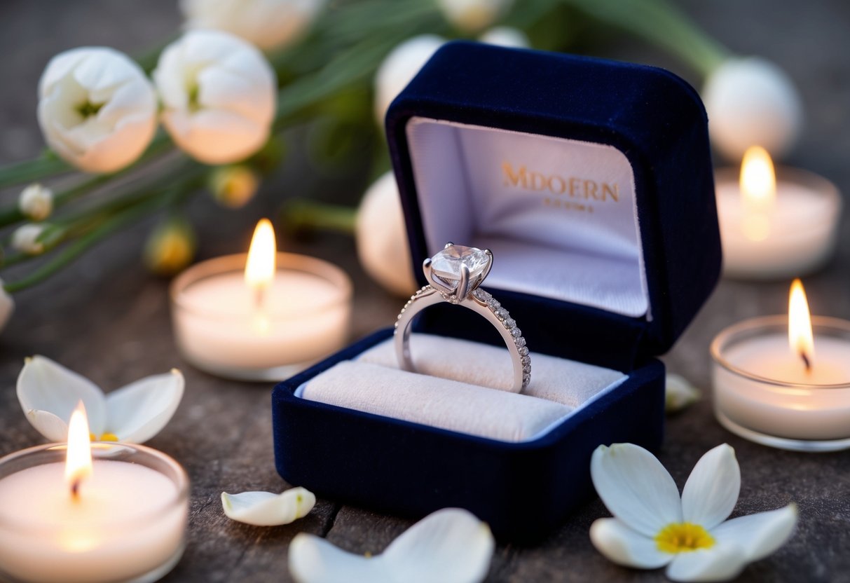 A sparkling engagement ring rests on a velvet box, surrounded by soft candlelight and delicate flower petals