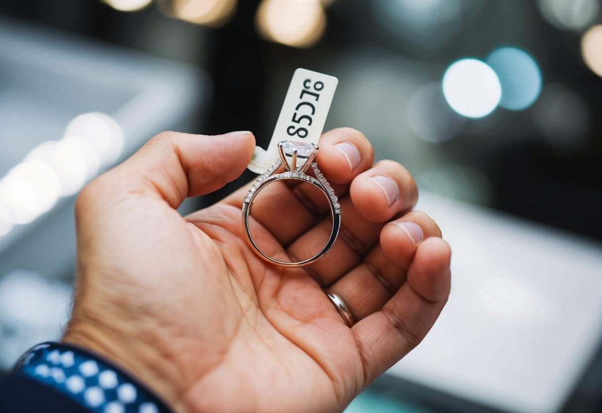 A jeweler's hand holding a wedding ring with a price tag