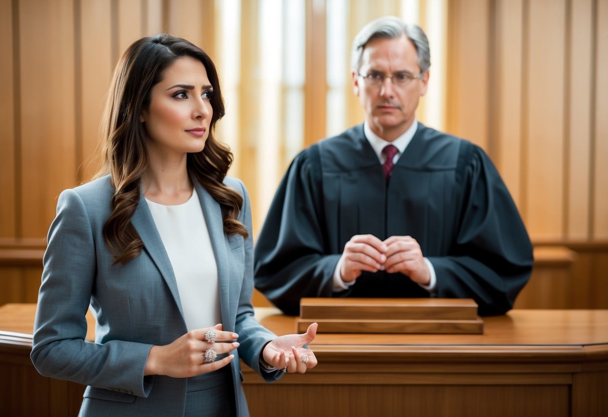 A woman standing in front of a judge, holding an engagement ring in one hand and looking conflicted