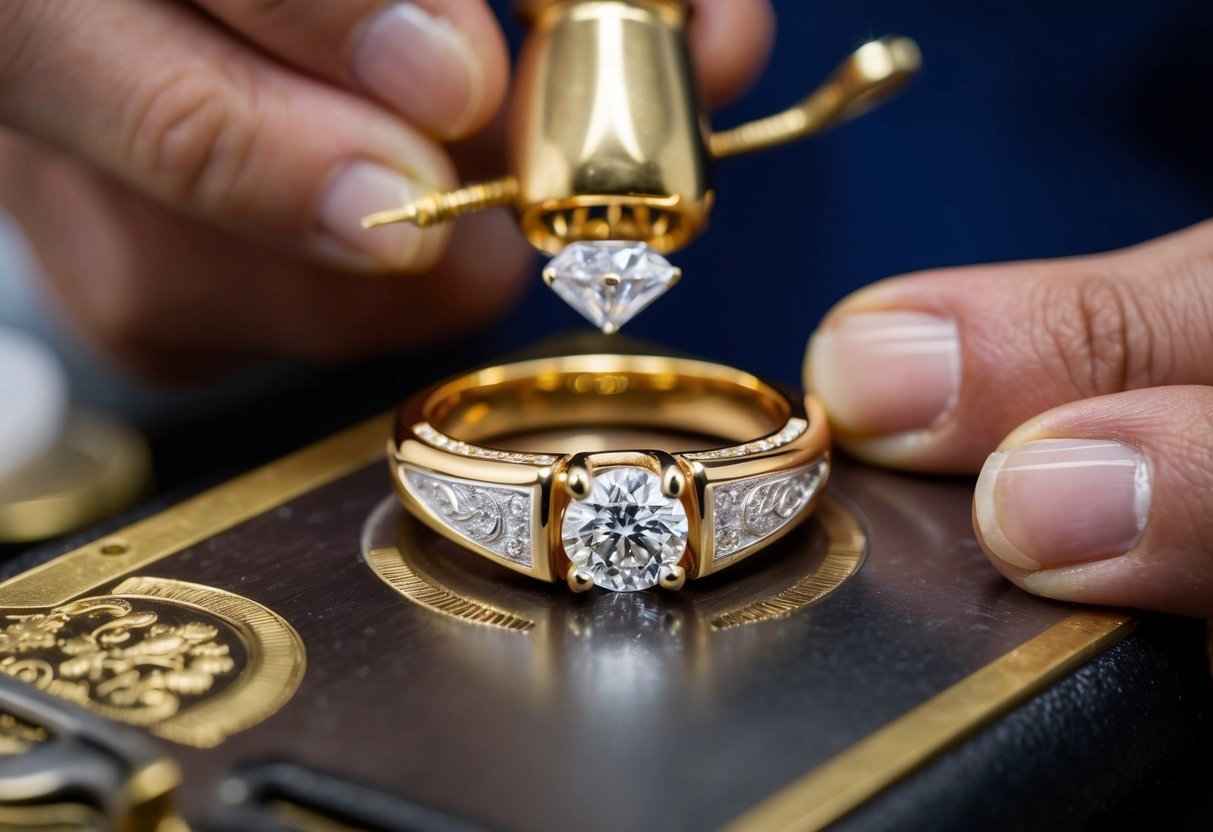 A jeweler carefully crafts a gleaming gold ring, setting a sparkling diamond in the center, surrounded by delicate engravings and intricate details