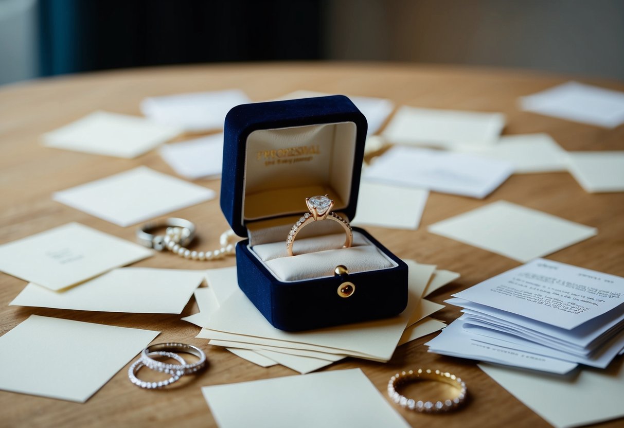 A jewelry box with an open engagement ring nestled inside, surrounded by scattered papers and a contemplative expression