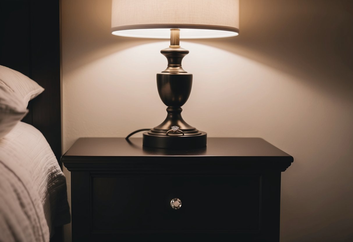 A nightstand with a wedding ring resting on top, illuminated by a soft bedside lamp