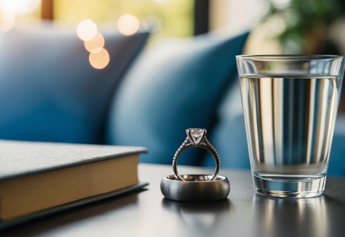 A wedding ring resting on a bedside table next to a glass of water and a book
