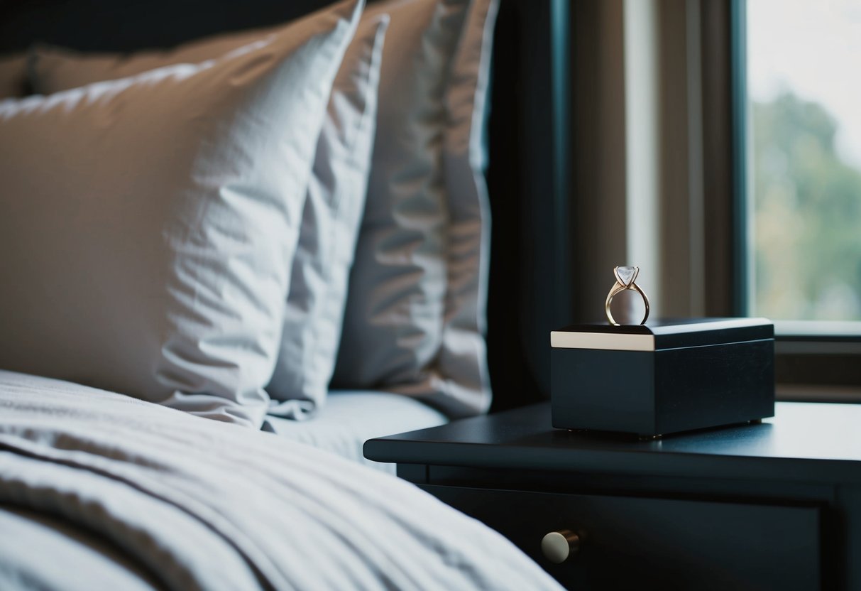 A nightstand with a wedding ring resting on top, next to a cozy bed with rumpled sheets and a soft pillow