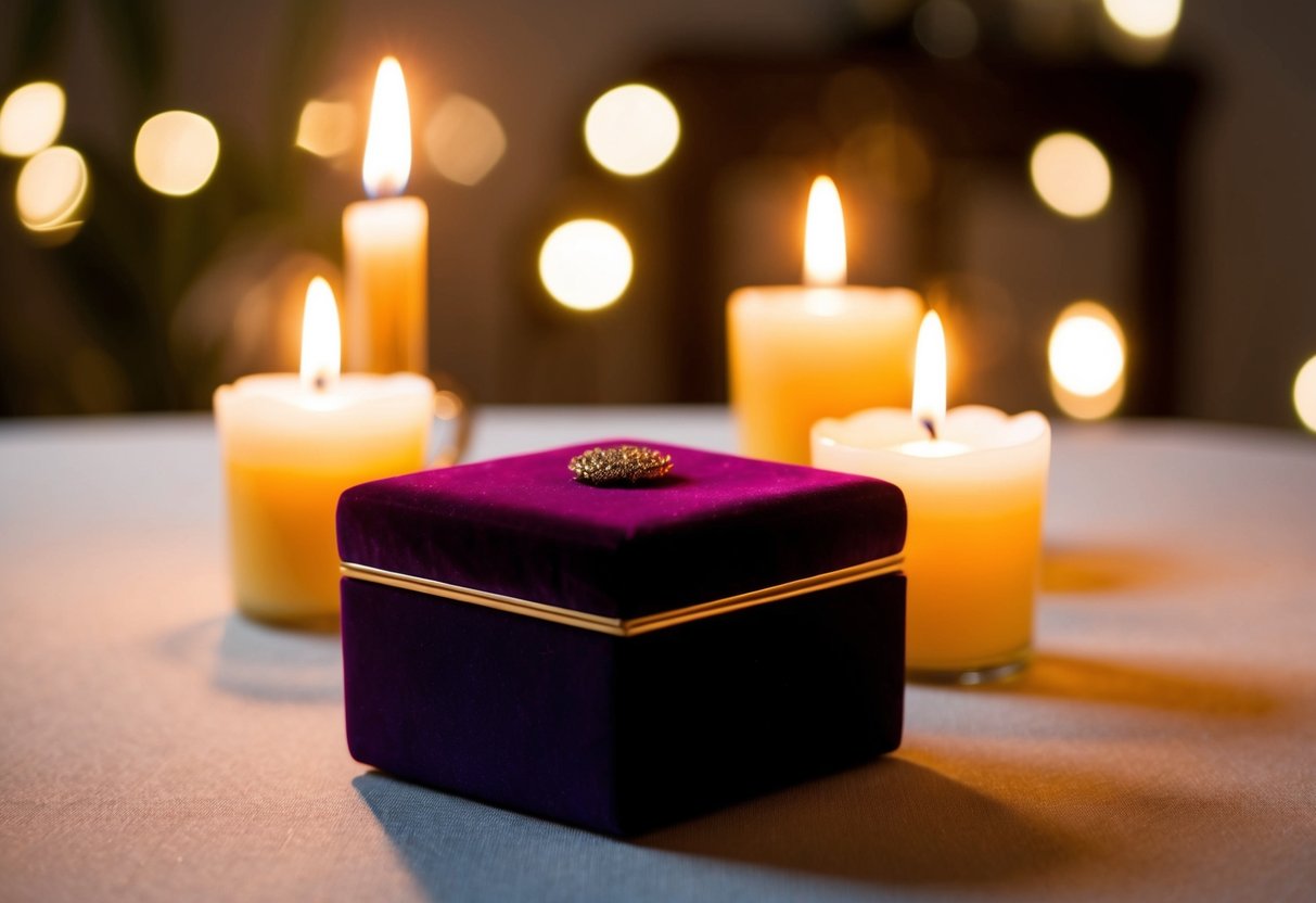 A small velvet box sits on a table, bathed in soft candlelight