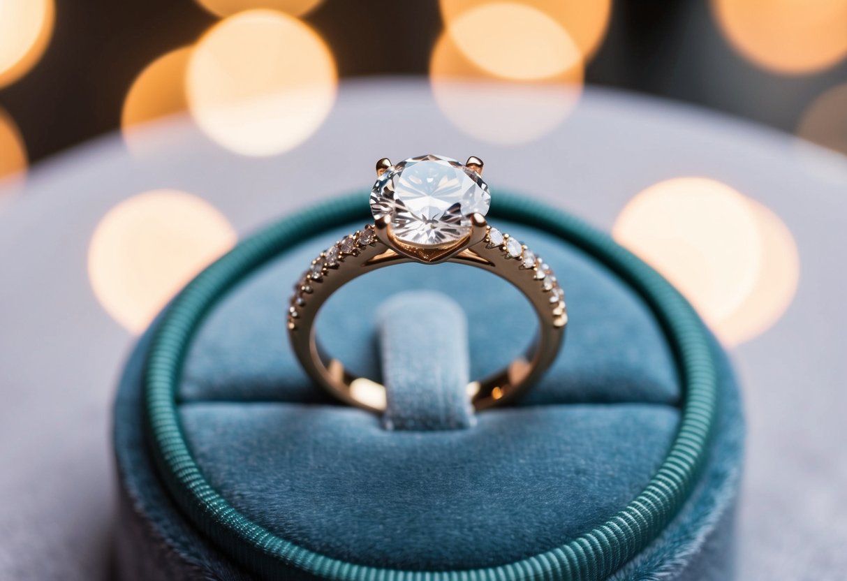 A sparkling diamond engagement ring displayed on a velvet cushion under soft lighting