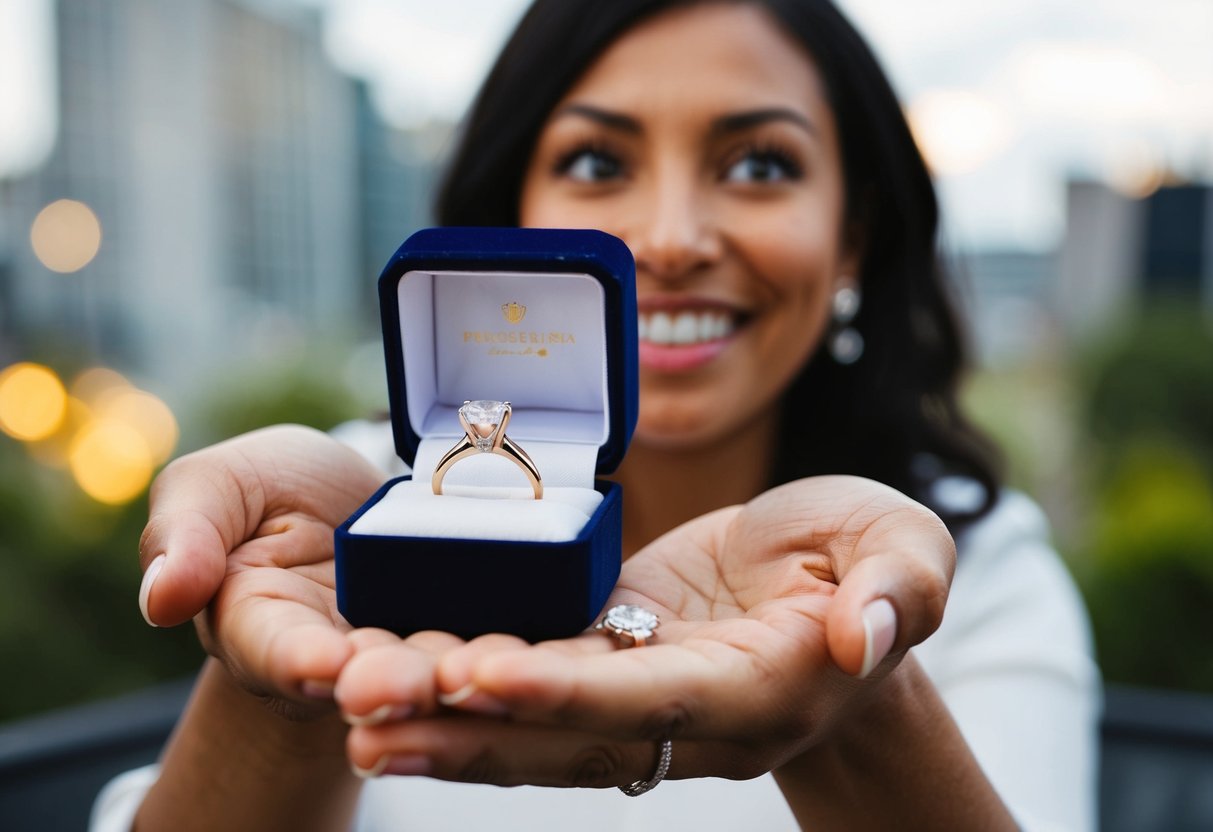 A hand holding an open ring box, with the engagement ring prominently displayed and a look of anticipation and excitement on the face of the recipient