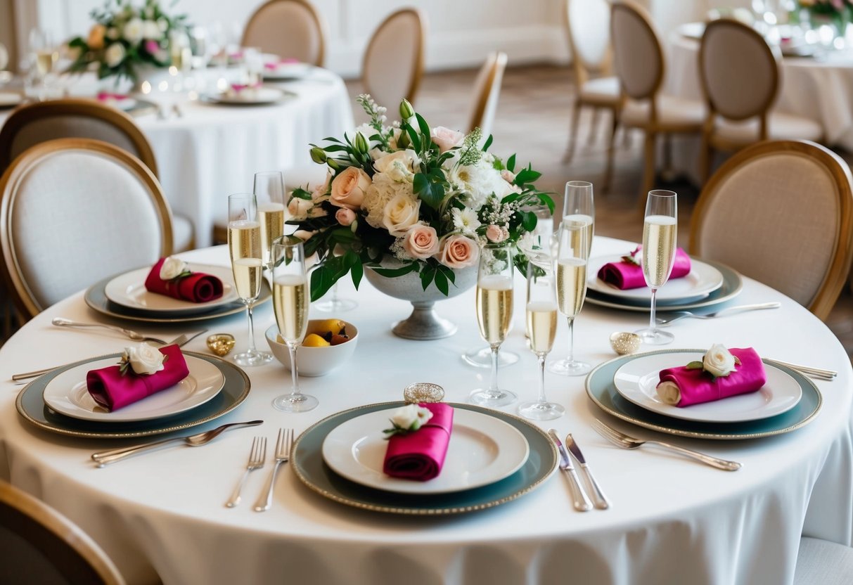 A table set with elegant dishes, flowers, and champagne glasses, surrounded by chairs, awaits the bridal brunch