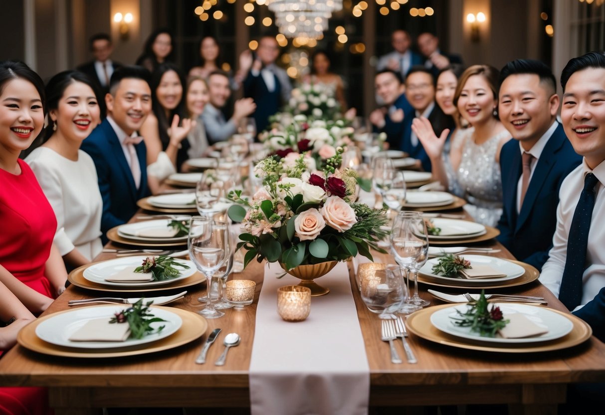 A table set with elegant dishes and floral centerpieces, surrounded by excited guests