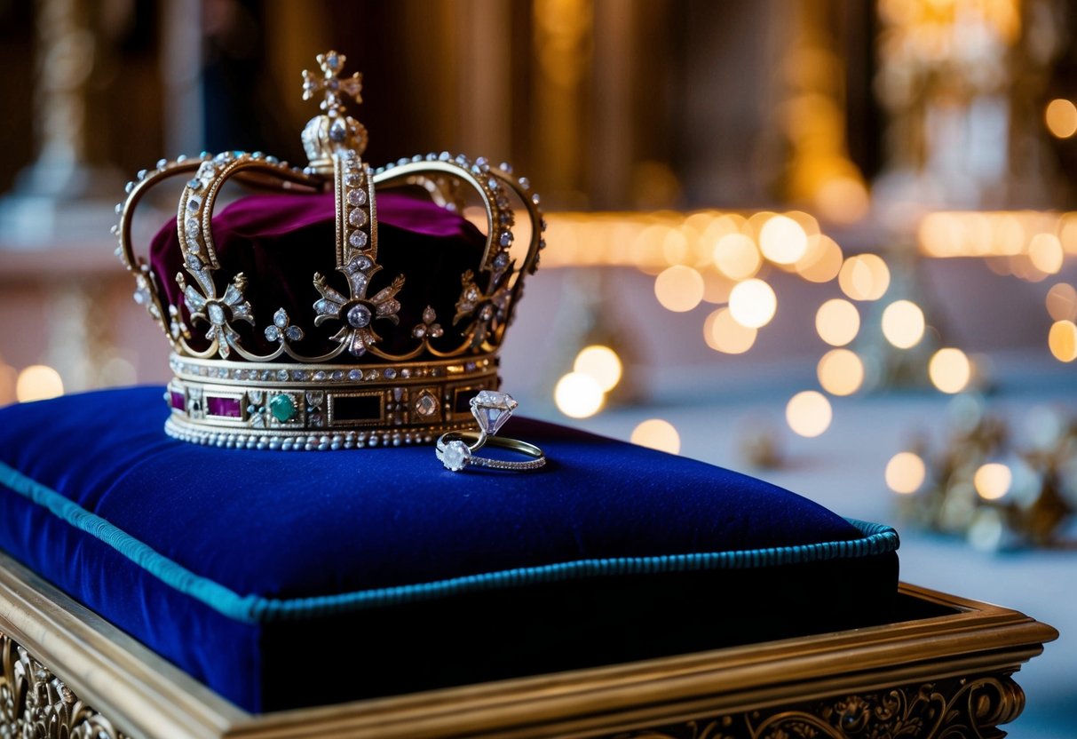 A regal crown and a delicate wedding ring rest atop a velvet cushion in a grand, ornate burial chamber