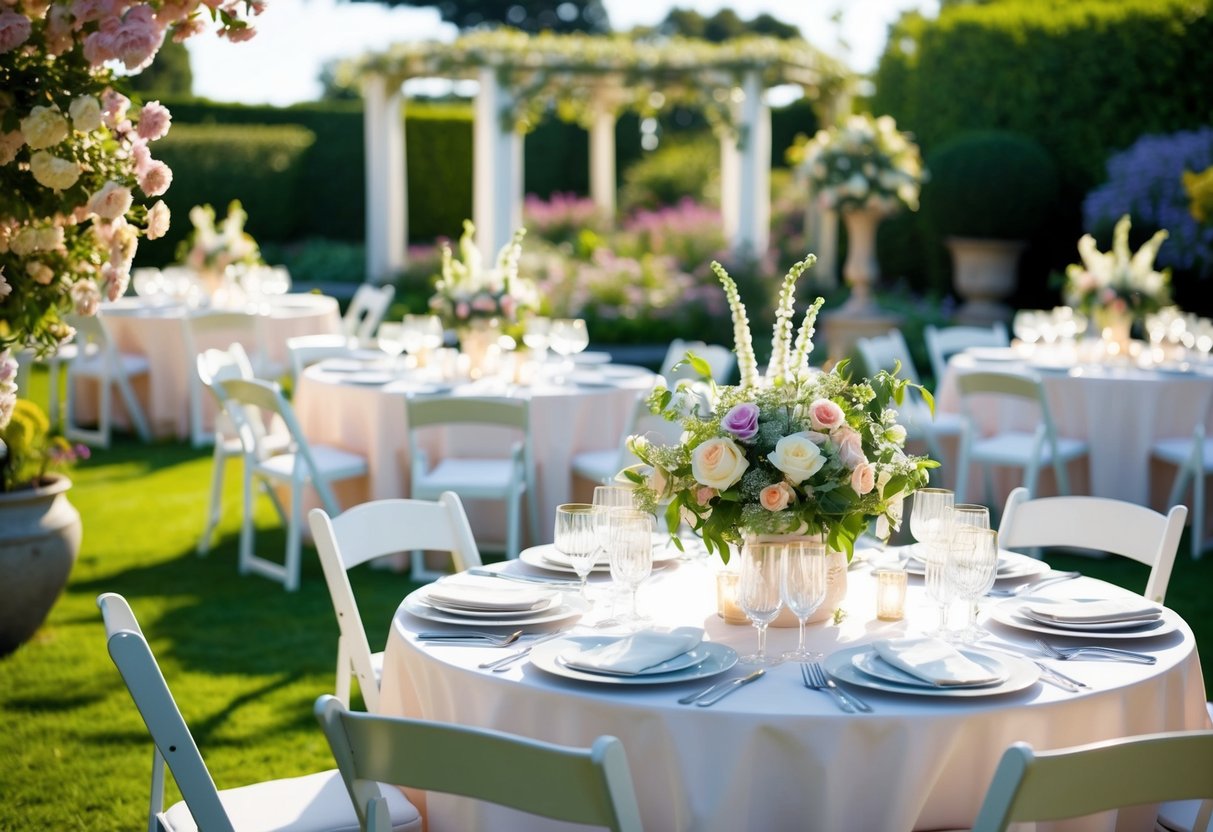 A sunlit garden adorned with blooming flowers and elegant tables set for a bridal brunch