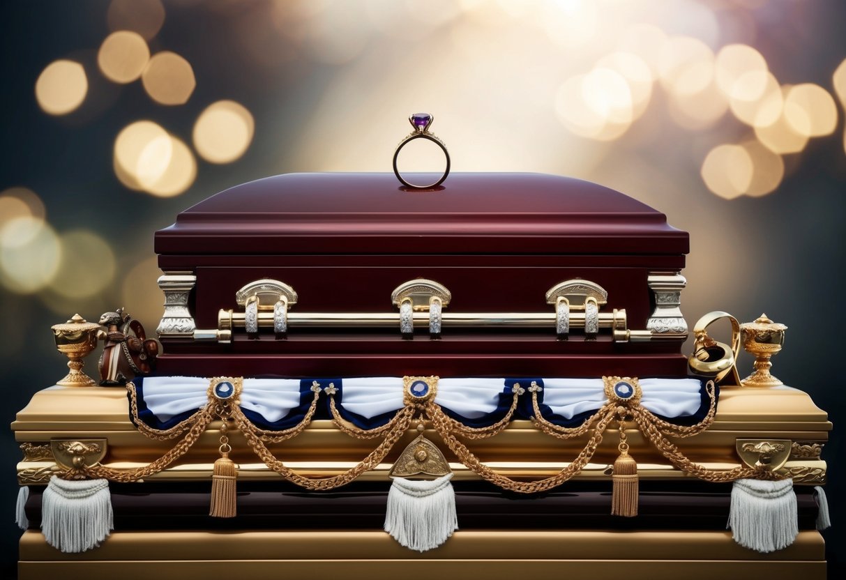 A regal funeral scene with a royal casket adorned with heirlooms and a prominent wedding ring placed on top