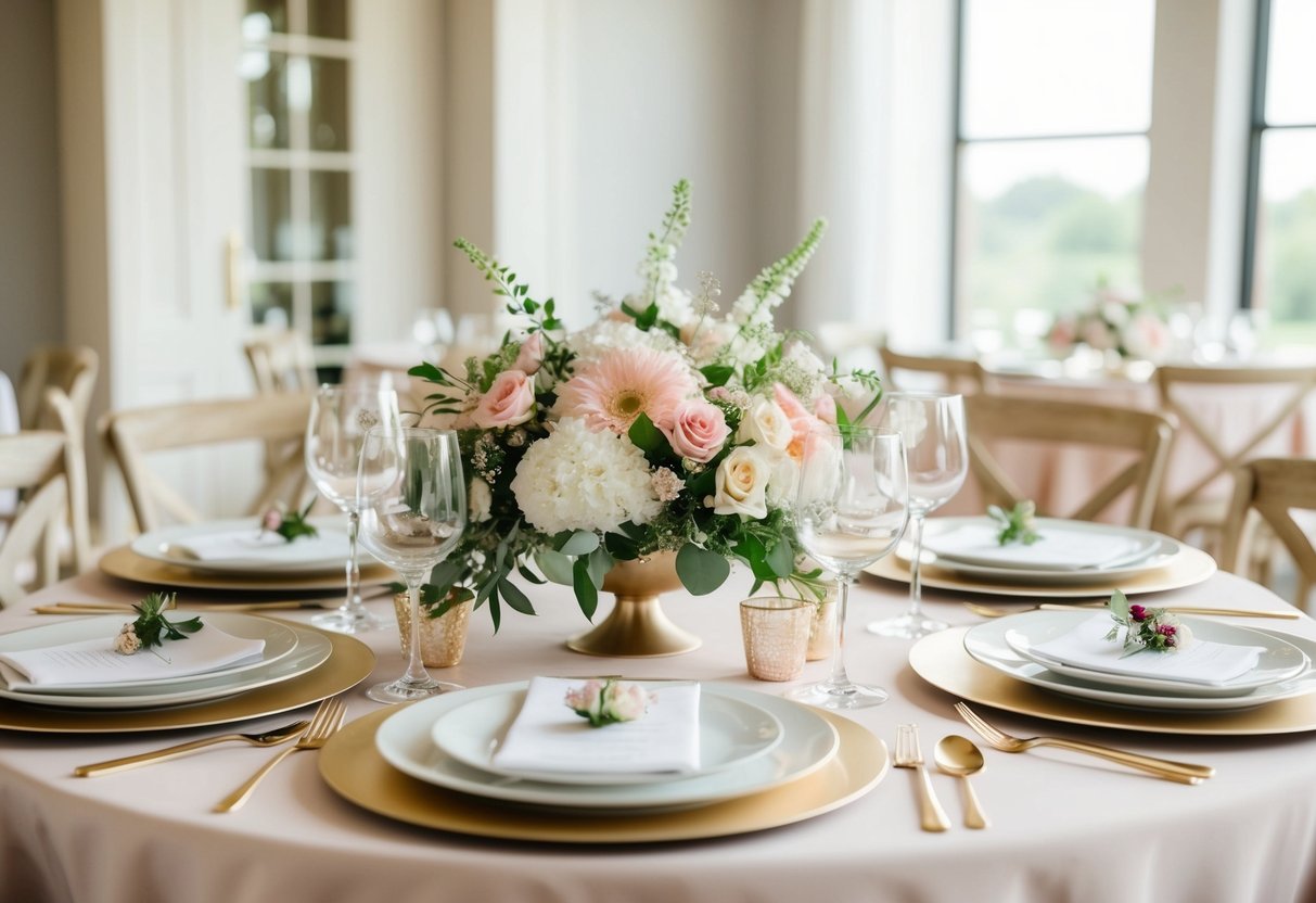 A table set with elegant dishes and floral centerpieces for a bridal brunch