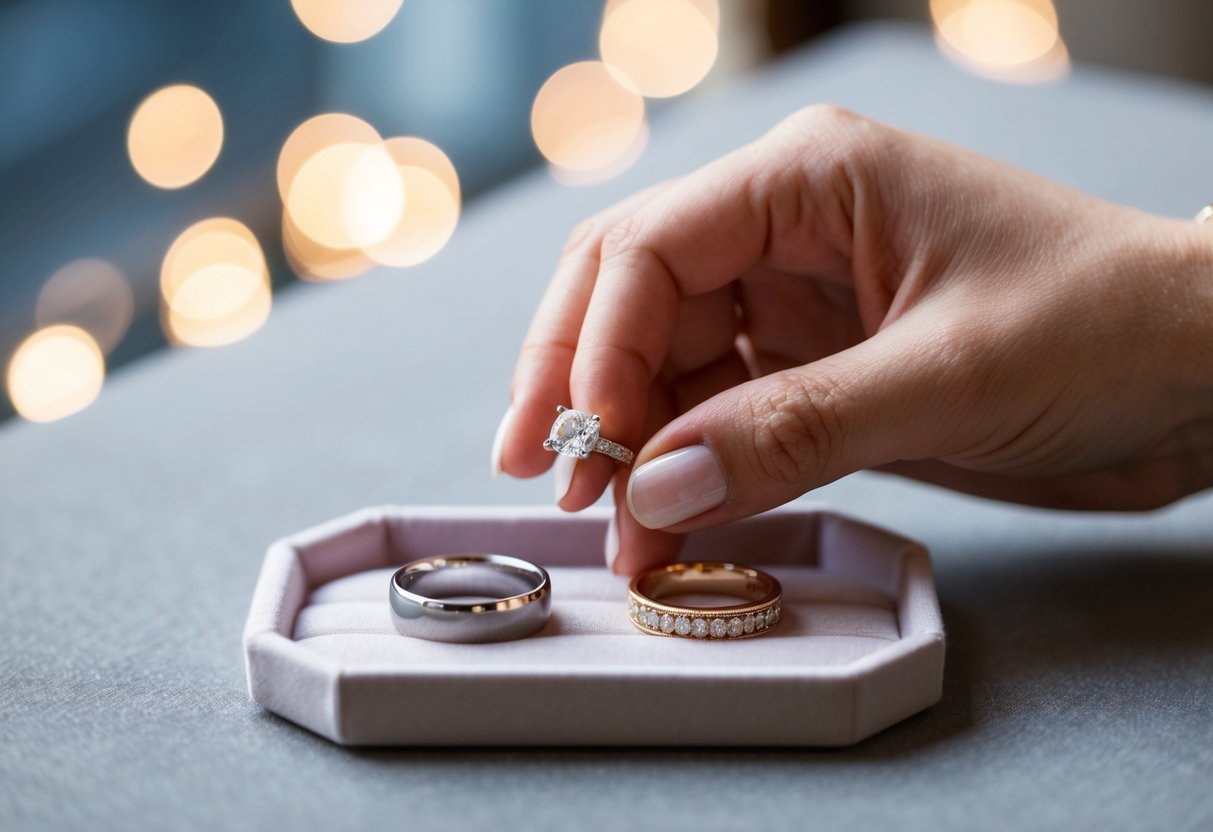 A hand places an engagement ring and a wedding band side by side on a velvet jewelry tray