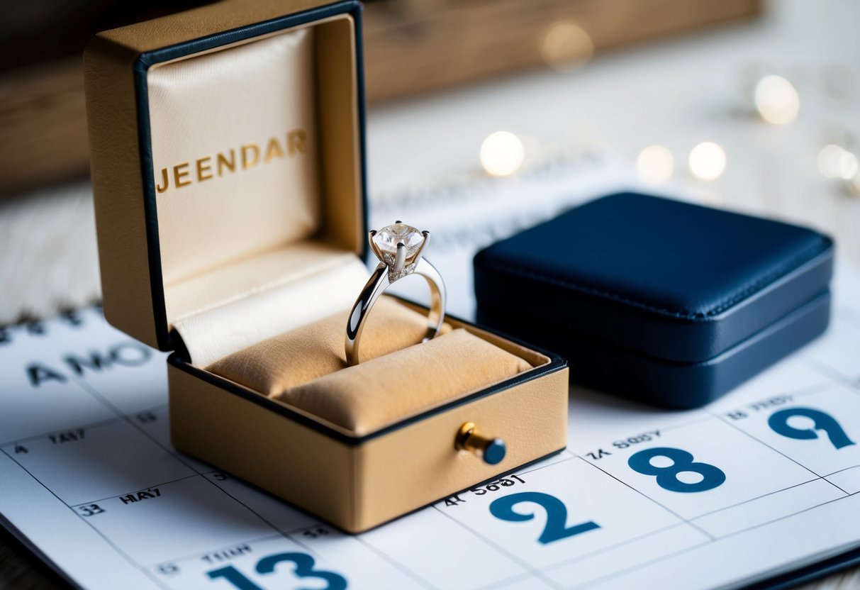 A wedding ring being placed inside a small jewelry box, surrounded by a calendar showing three months marked off