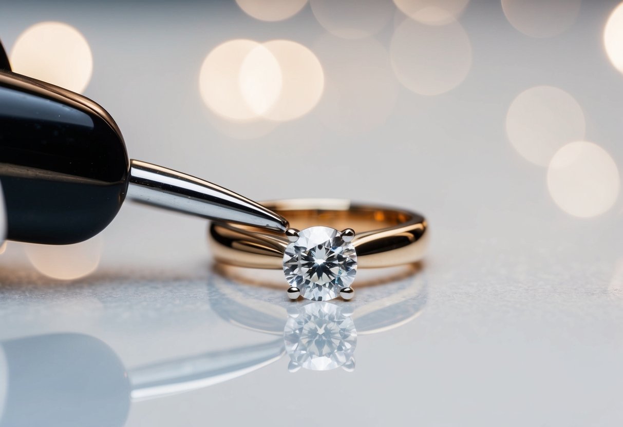 A sparkling engagement ring being carefully cleaned and polished, ready to be reused for a wedding