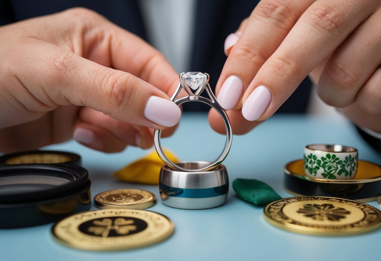 An engagement ring being placed on a wedding band, surrounded by symbols of good luck and practical items