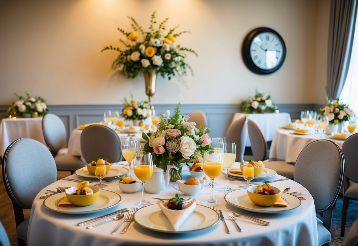 A table set with elegant brunch dishes and drinks, surrounded by floral centerpieces and soft lighting. A clock on the wall shows mid-morning hour