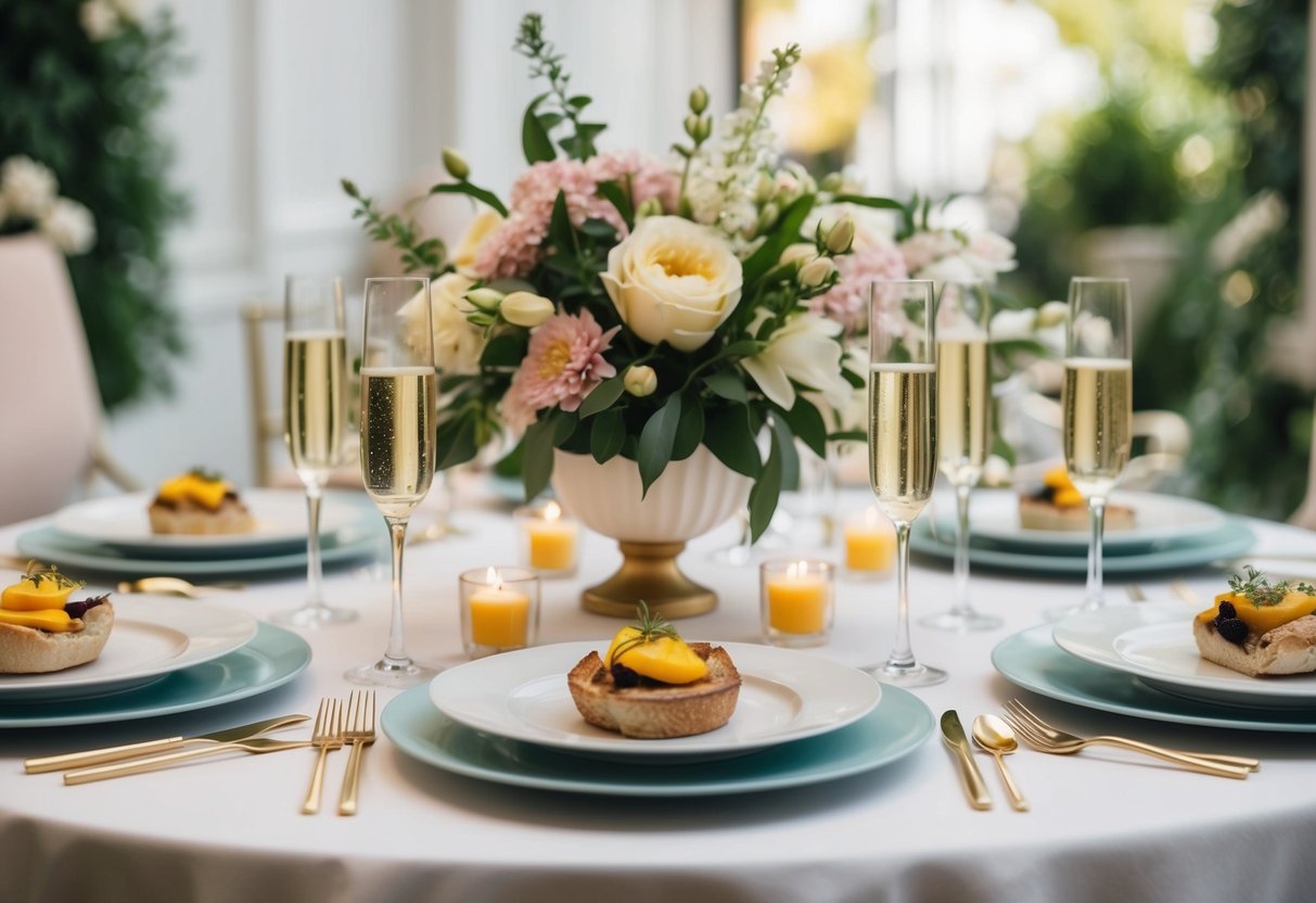 A table set with elegant brunch dishes and champagne flutes, surrounded by floral centerpieces and soft natural light