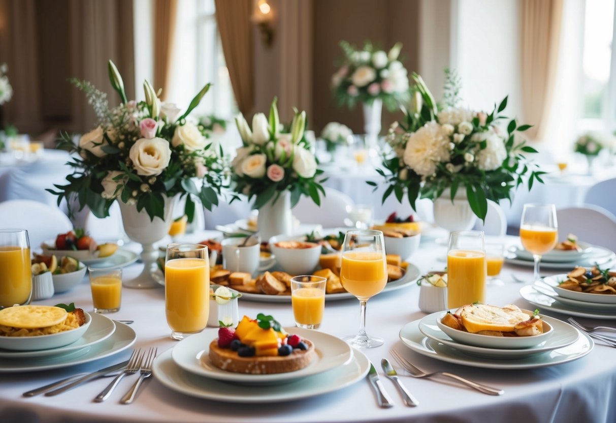 A table set with a variety of brunch dishes and drinks, surrounded by elegant wedding decor and flowers