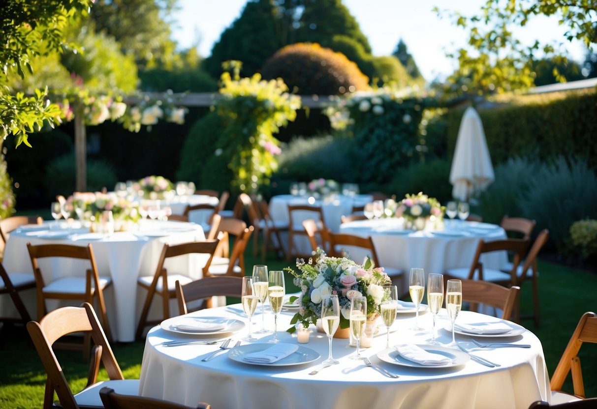 A sunlit garden with round tables and white linens, adorned with flowers and champagne glasses, set for a mid-morning wedding brunch
