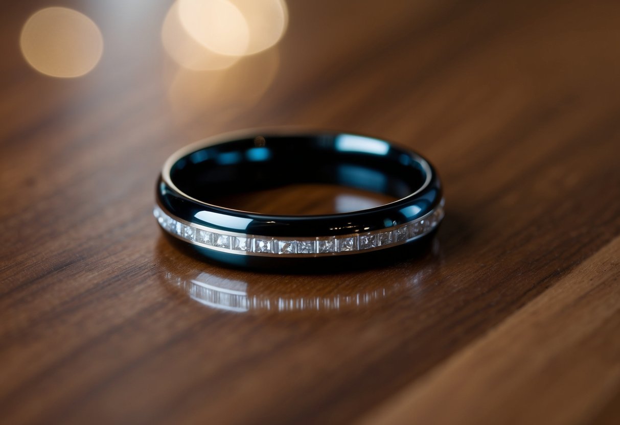A black wedding band sits on a polished wooden surface, casting a subtle reflection in the soft light