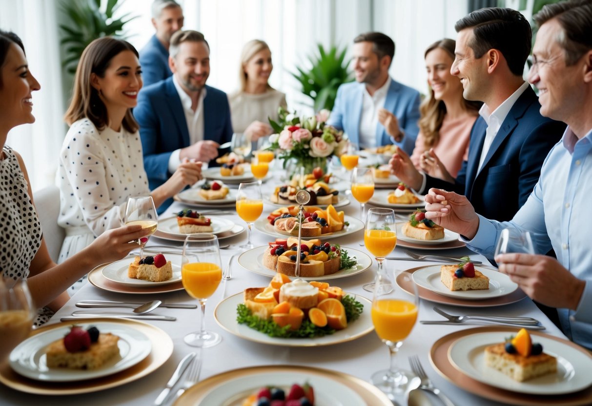 A table set with elegant brunch spread, surrounded by guests chatting and enjoying the food