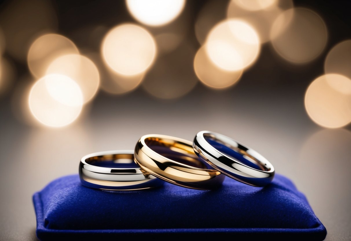 Three interlocking rings, symbolizing past, present, and future, rest on a velvet cushion. A soft light highlights the intricate details of the precious metal