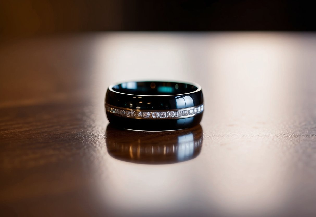 A black wedding band sits on a polished wooden surface, casting a subtle reflection in the soft light