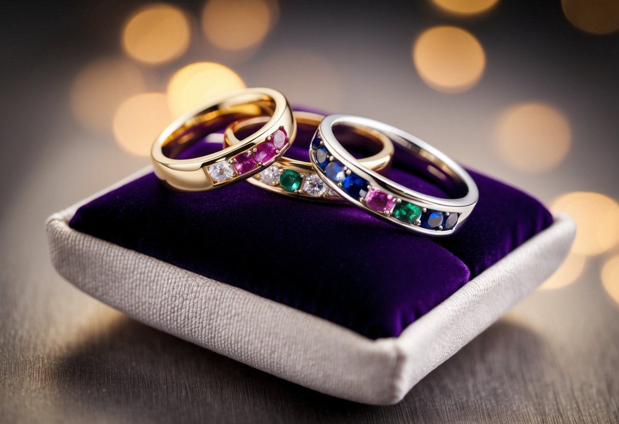 Three interlocking rings on a velvet cushion, each with a different gemstone, symbolizing the unity of past, present, and future in a triple ring set