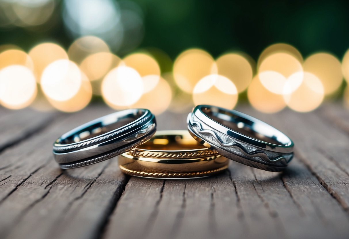Three intertwined rings, each with a different design, symbolizing the journey of love and commitment