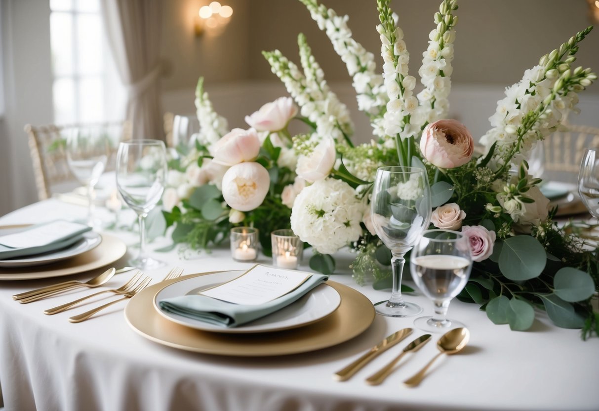 A beautifully set table with delicate floral centerpieces and elegant place settings, surrounded by soft lighting and a serene atmosphere