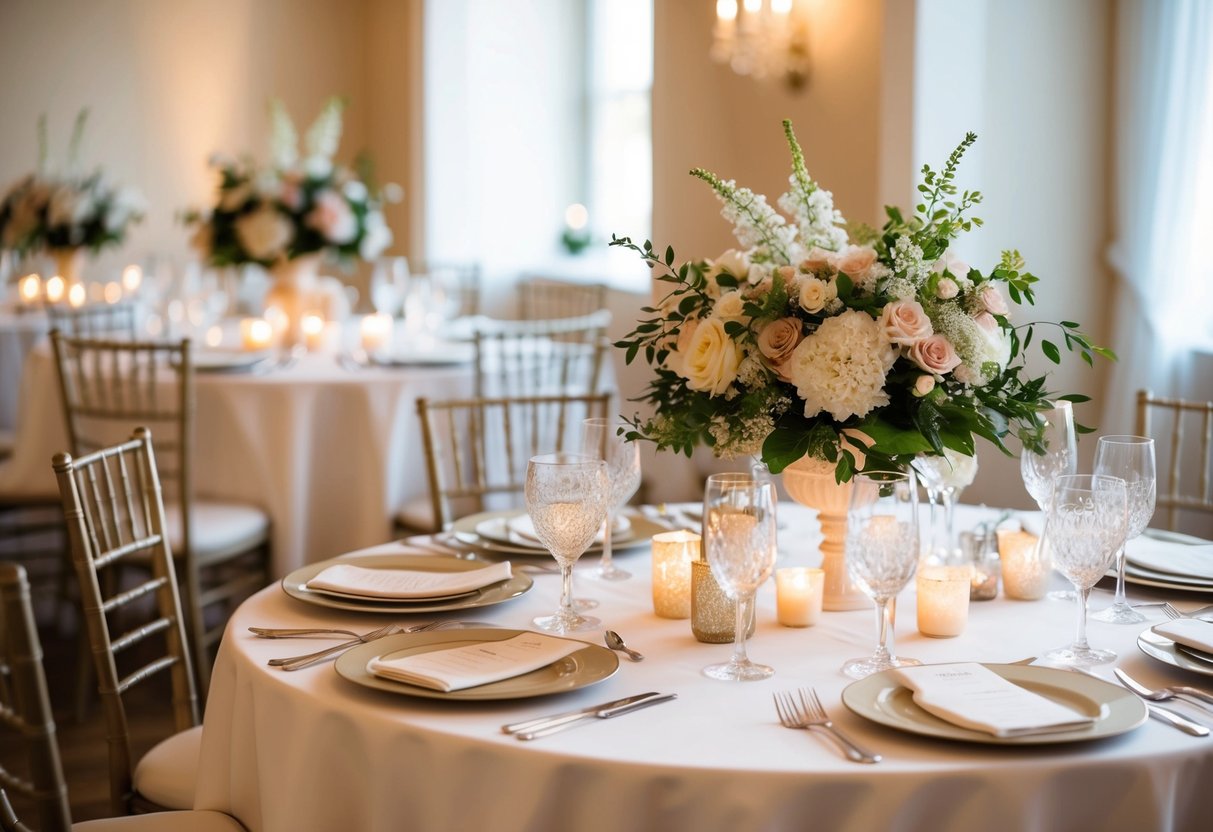 A beautifully set table with elegant place settings, delicate floral centerpieces, and soft candlelight creating a warm and inviting atmosphere for a special bridal luncheon