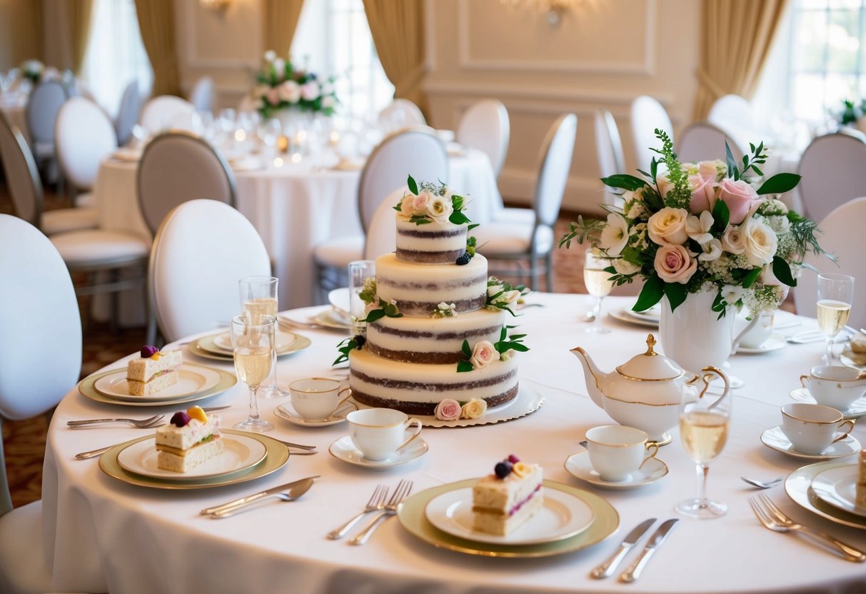 A table set with elegant place settings, delicate floral centerpieces, and dainty teacups. A tiered cake adorned with fresh flowers, surrounded by plates of dainty finger sandwiches and petit fours