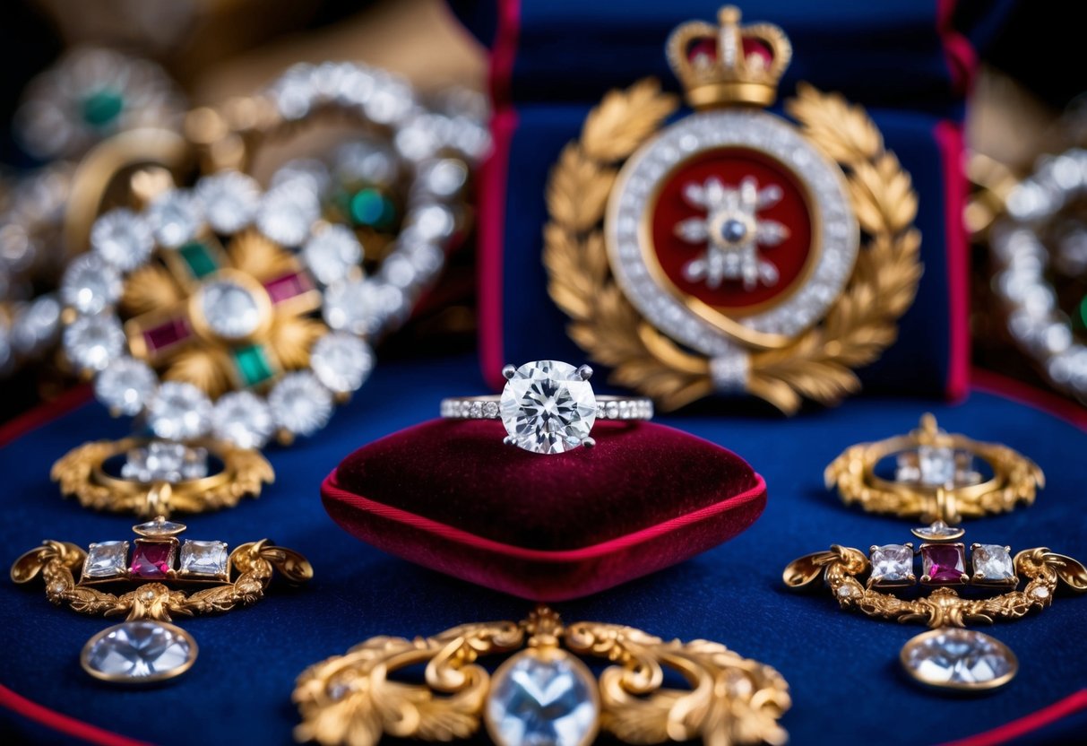 A sparkling diamond ring sits atop a velvet cushion, surrounded by opulent jewels and regal insignia