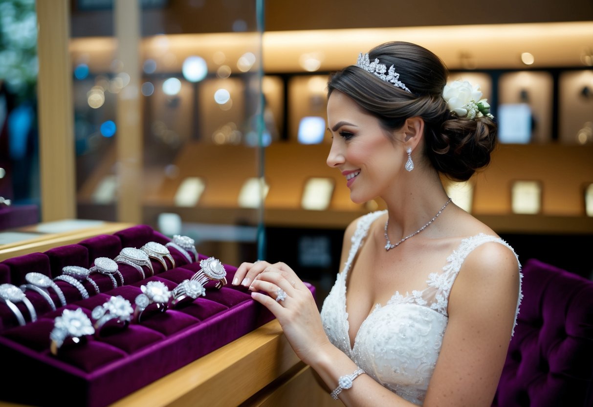 A bride admiring a selection of wedding rings displayed on a velvet cushion in a jewelry store