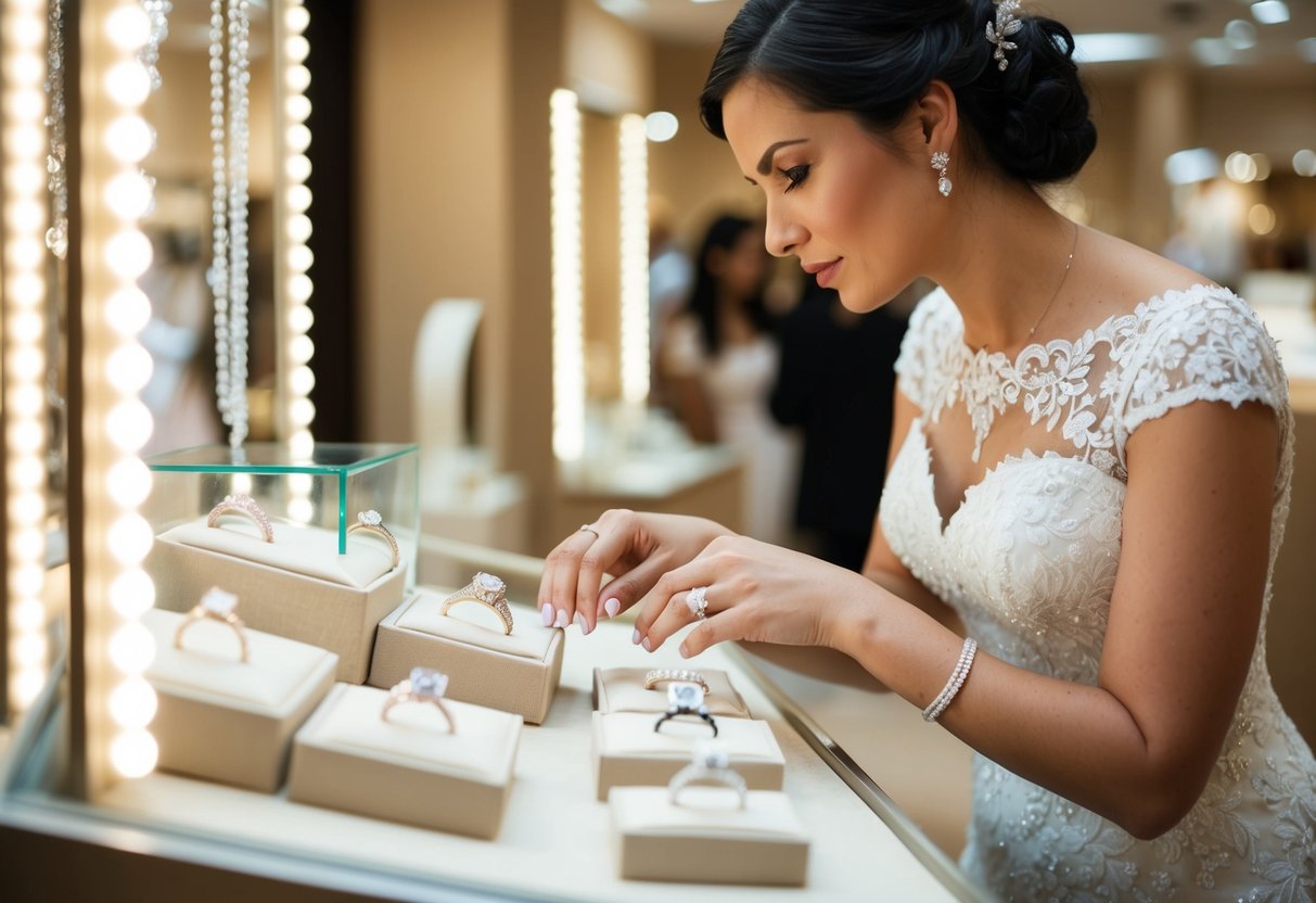 A bride carefully examines a selection of wedding rings, each one sparkling in the soft light of the jewelry store display