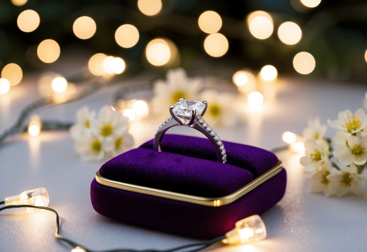 A sparkling diamond ring displayed on a velvet cushion, surrounded by twinkling lights and delicate flowers
