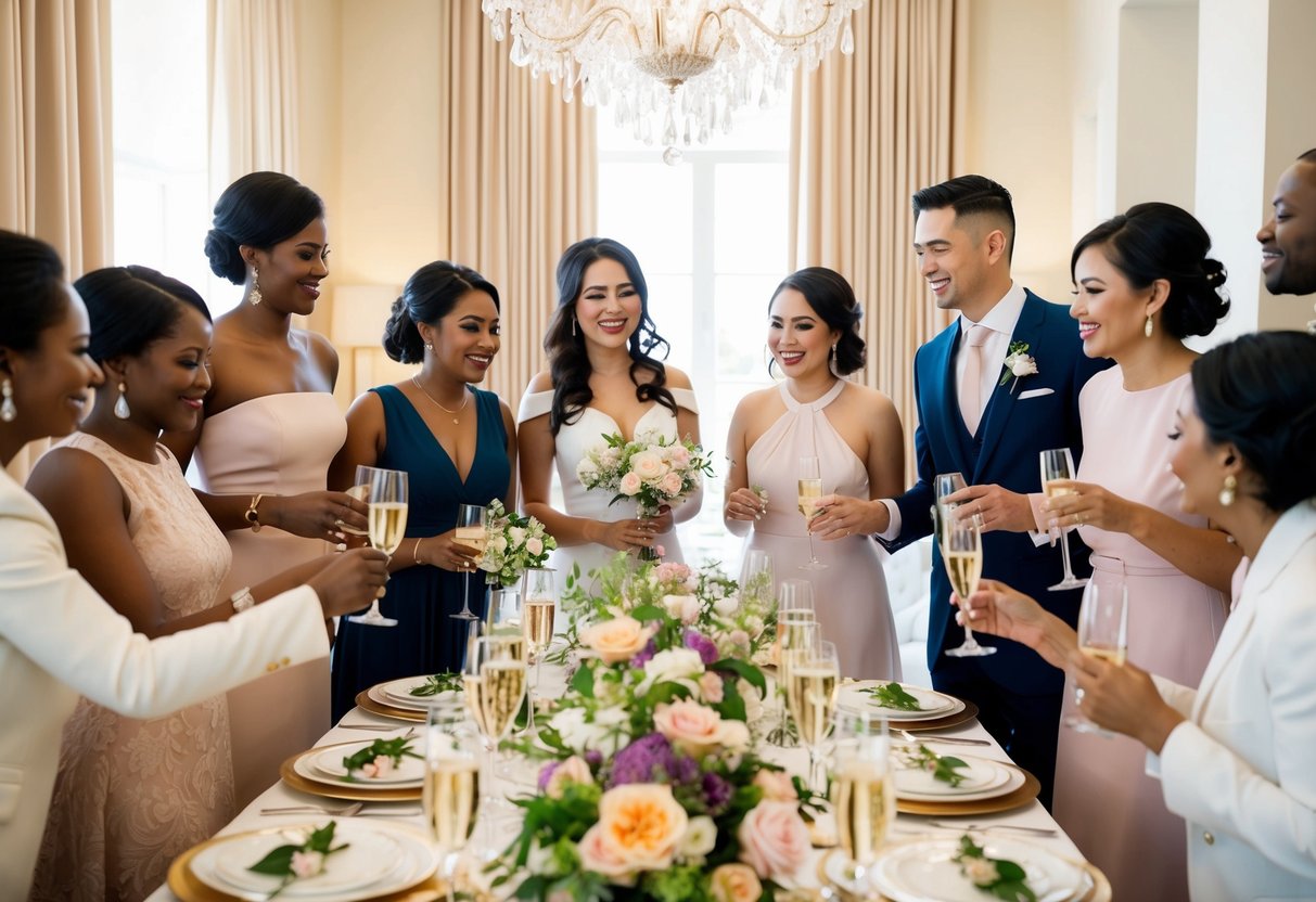 A group of elegantly dressed individuals gather around a beautifully set table with floral centerpieces and champagne glasses for a bridal brunch