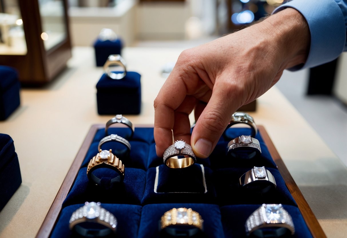 A man's hand holding a wedding ring box, surrounded by various styles of men's wedding rings displayed on a velvet cushion in a jewelry store