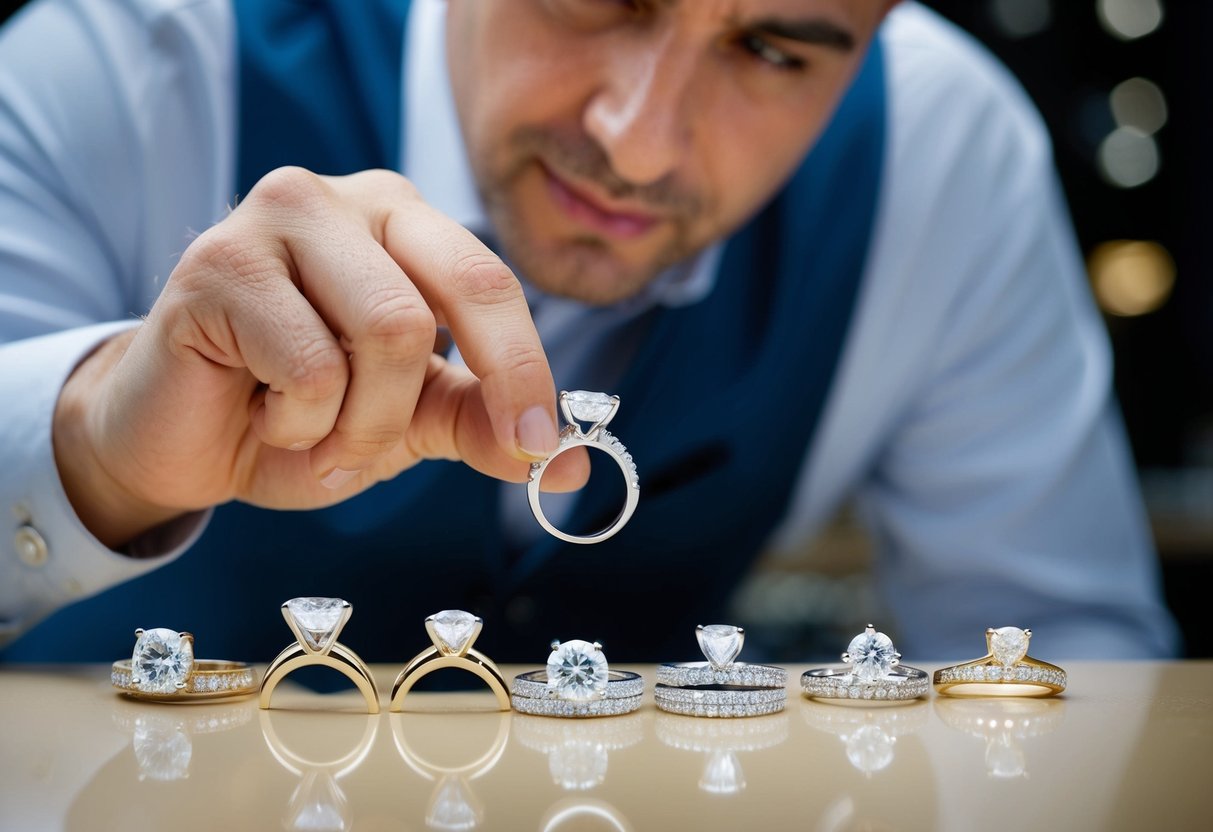 A jeweler carefully examines a selection of sparkling diamond rings, pondering the decision to upgrade a wedding ring
