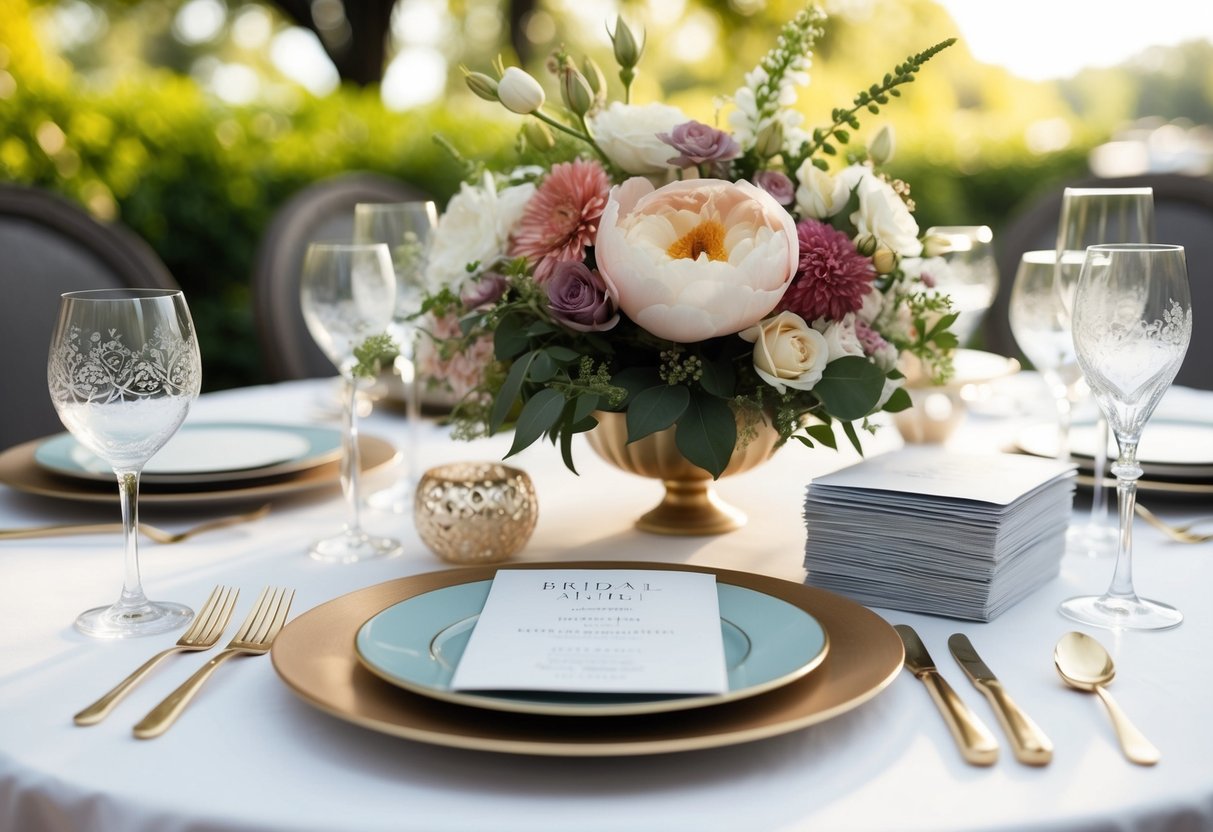 A table set for a bridal brunch with elegant place settings, floral centerpieces, and a stack of invitations