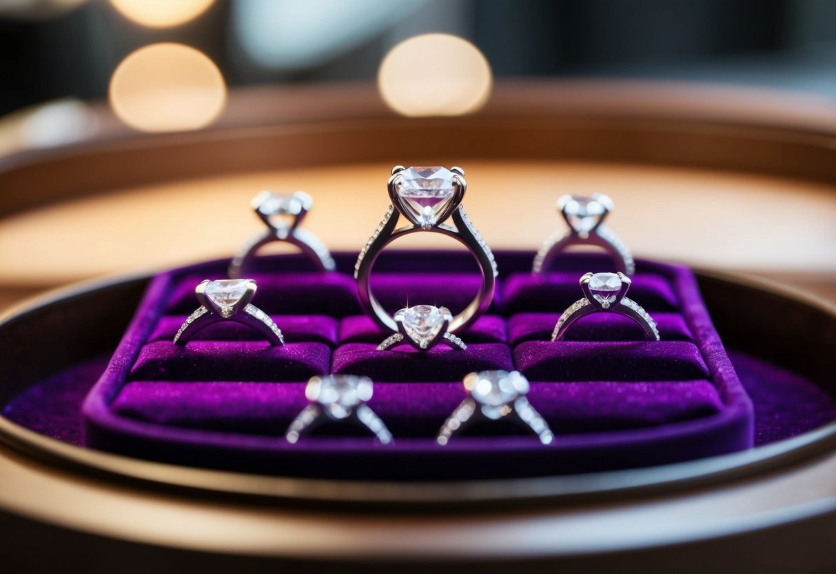 A sparkling diamond ring surrounded by various upgrade options displayed on a velvet tray