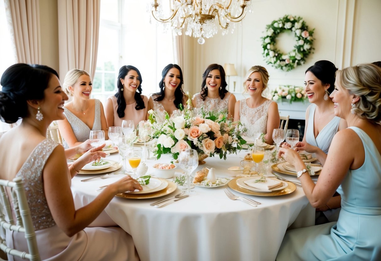 A group of elegantly dressed women gather around a beautifully set table adorned with flowers and delicate tableware. Laughter and chatter fill the air as they enjoy a delightful bridal brunch