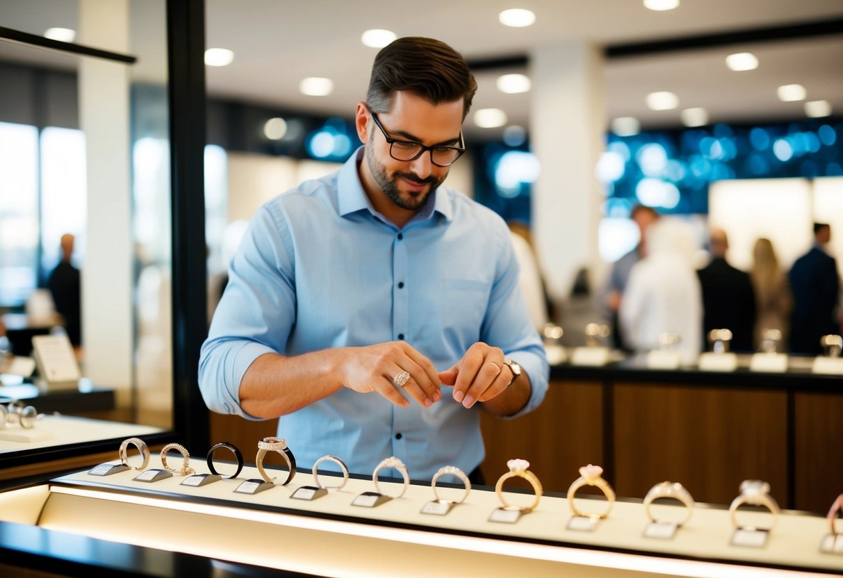 A man browsing through a display of wedding rings, comparing different metals and styles