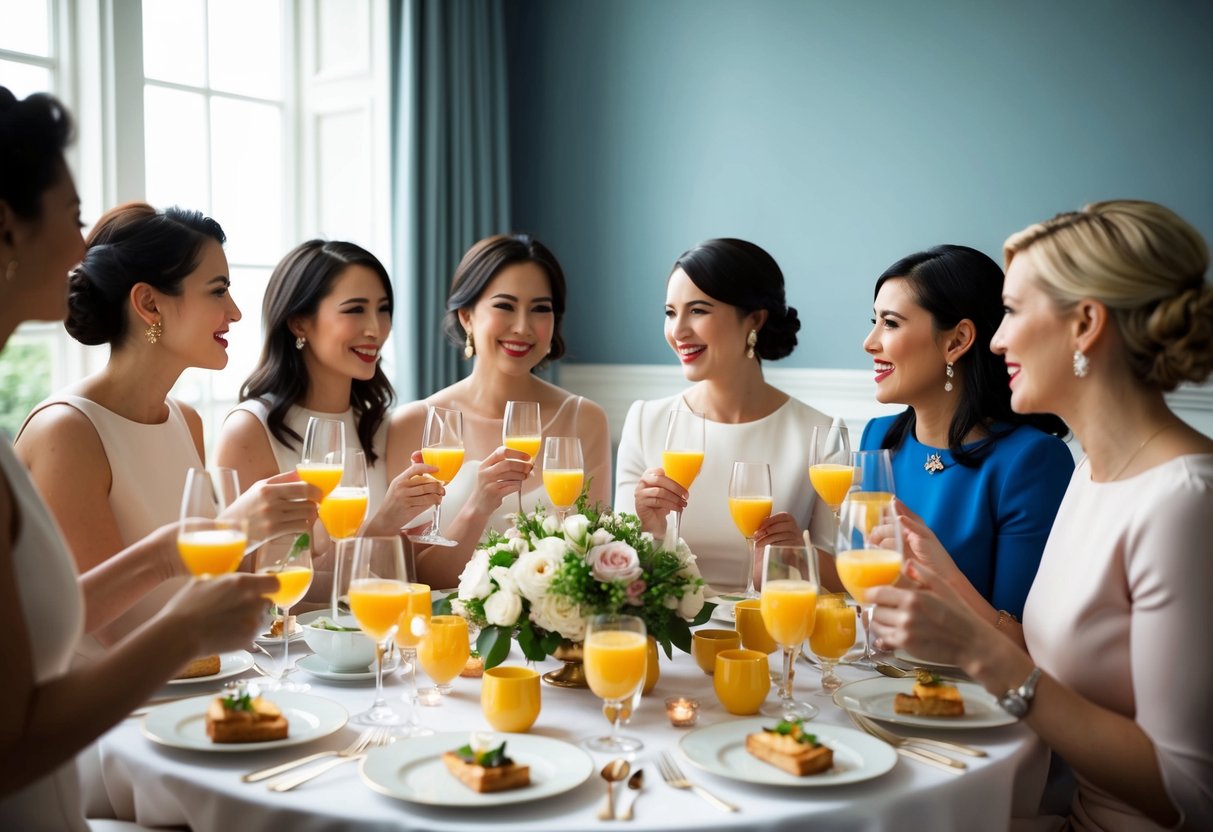 A group of elegantly dressed women gather around a beautifully set table, sipping mimosas and engaging in lively conversation