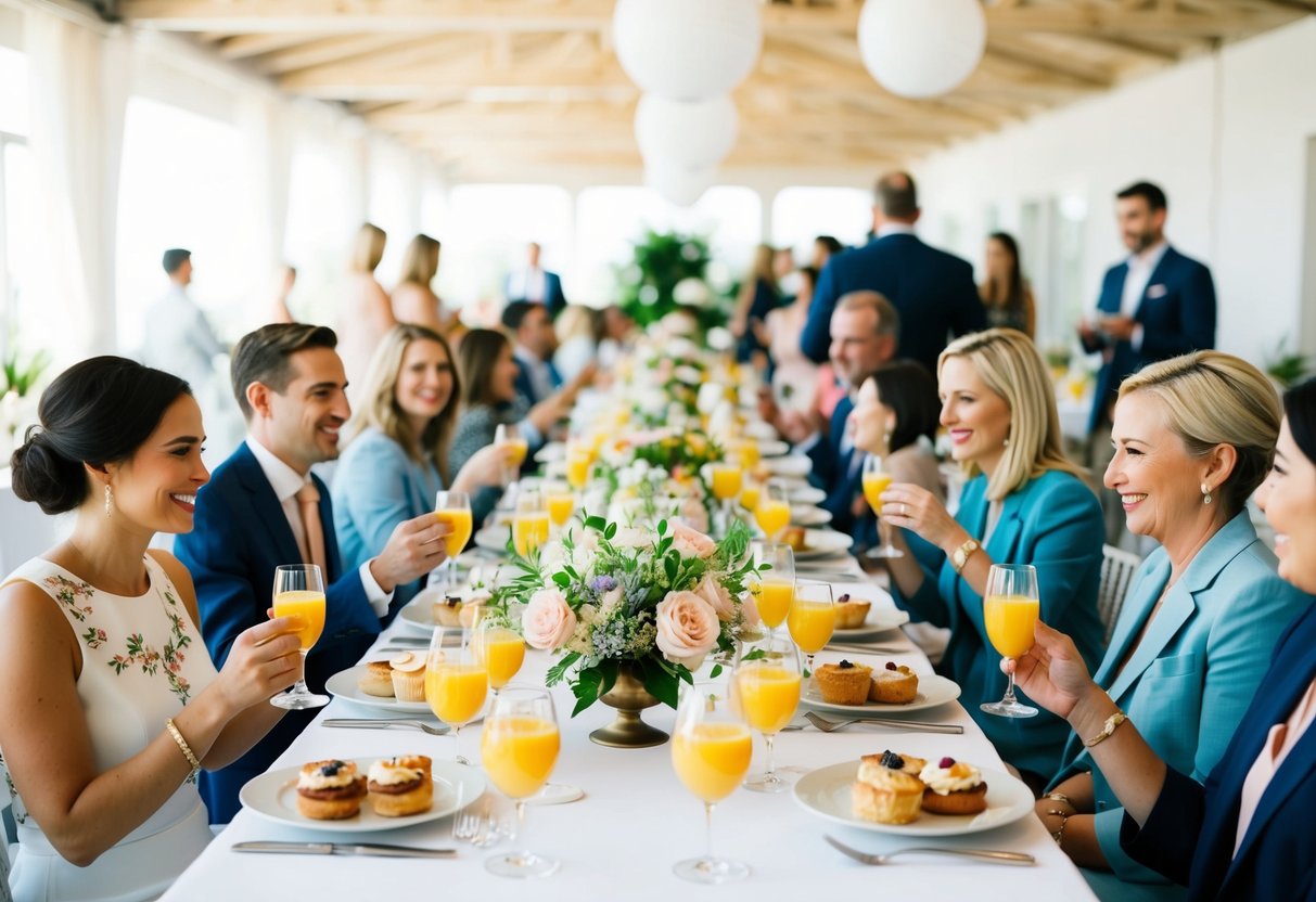 A group of elegantly set tables adorned with floral centerpieces, surrounded by chattering guests enjoying mimosas and pastries at a bright and airy brunch event