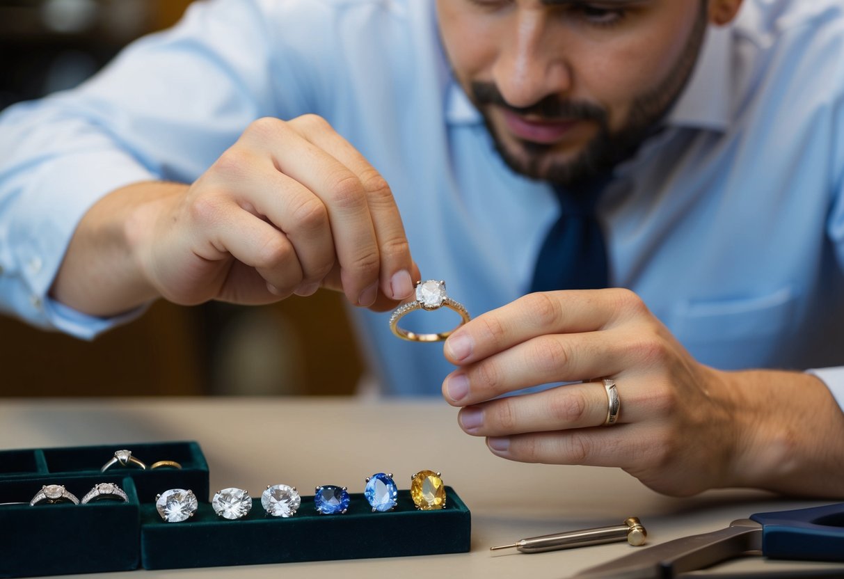 A jeweler carefully selects gemstones for a men's wedding ring, considering design and cost factors