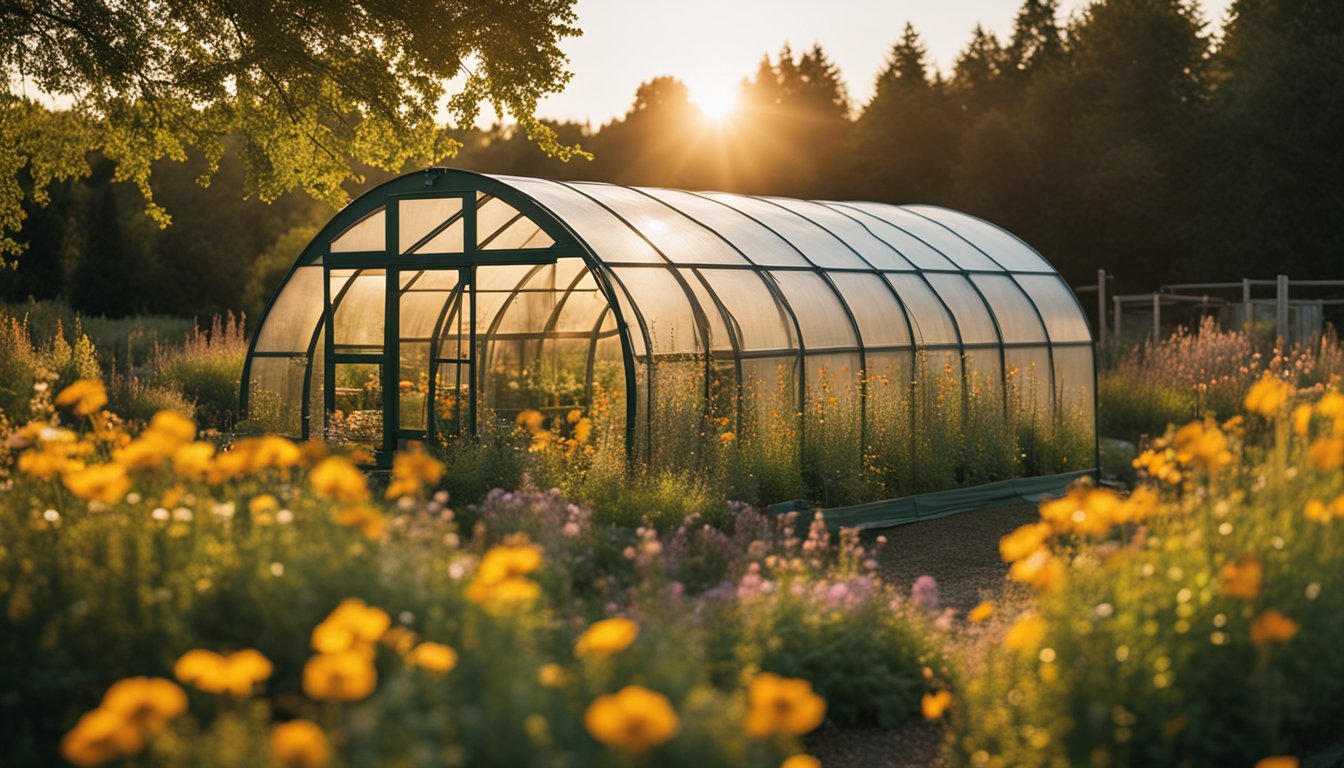 The polytunnel glows amber at sunset, casting elegant shadows on the wild cottage garden. Butterflies hover near flowering herbs, creating a serene and enchanting scene