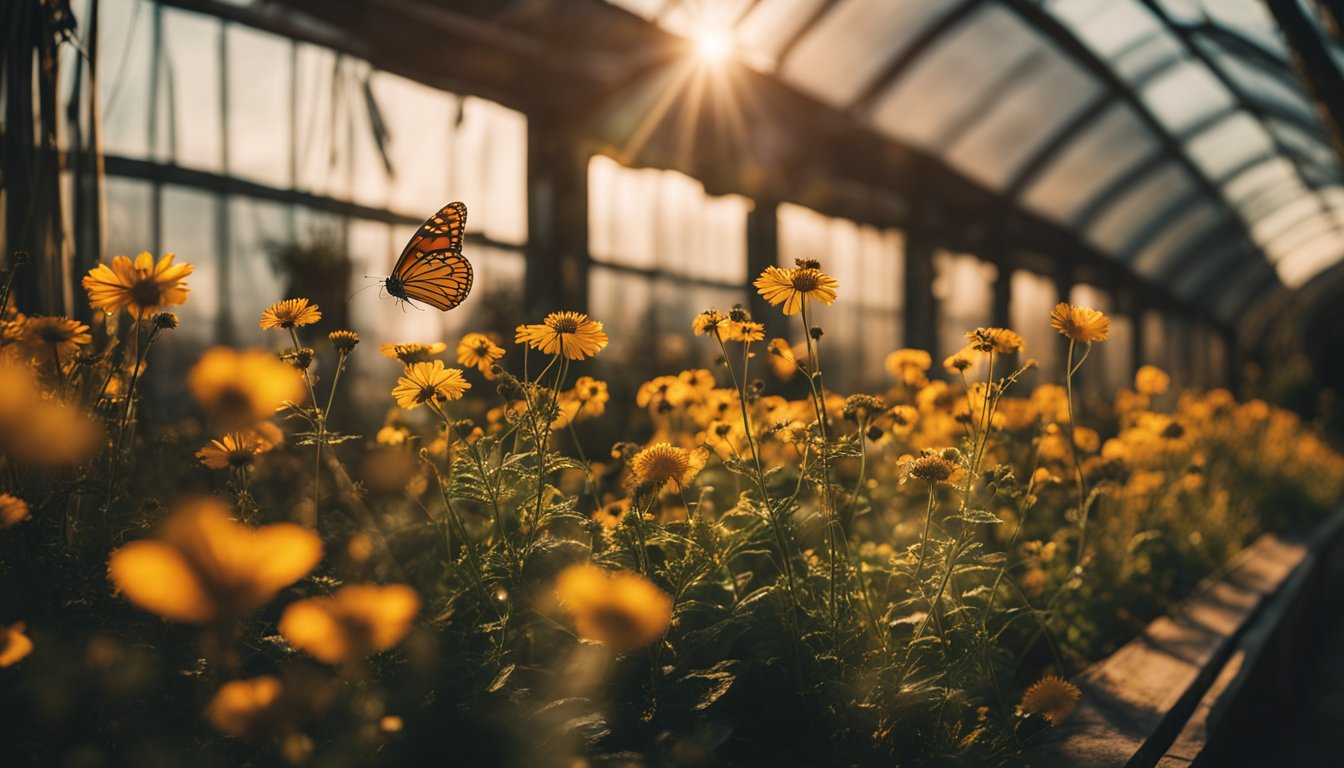 The polytunnel glows amber at sunset, casting elegant shadows over the wild cottage garden with fluttering butterflies and flowering herbs